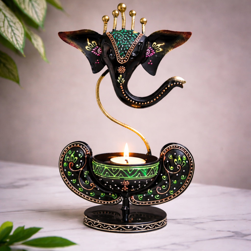 HOB Ganesha Black Tealight Holder Iron Ganesha Tealight Holder – 11 Inch (Black) - Image 1