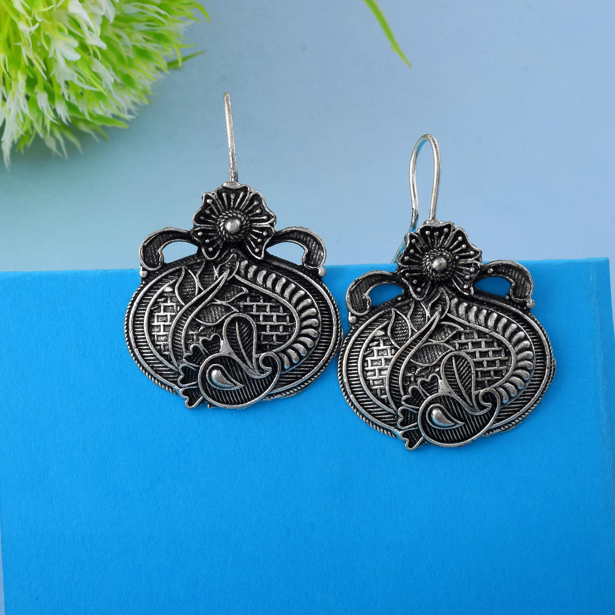 HOB Lightweight Silver Color Oxidised Earrings With Fine Tribal Pattern Design - Silver Lightweight Silver Color Oxidised Earrings With Fine Tribal Pattern Design - Silver - Image 1