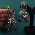 Oversized Silver Color Jhumka Oxidised Earrings With Hanging Dome Charms - Silver