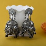 Oversized Silver Color Jhumka Oxidised Earrings With Hanging Dome Charms - Silver - Image 2