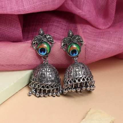 Stylish Silver Color Peacock Feather Oxidised Earrings Perfect For Brides, Parties, And Traditional Wear - Silver