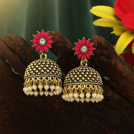 Beautiful Rani Color Oxidised Earrings Designed For Bridal Fashion Jewelry And Cultural Functions - Rani