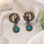 Firozi Color Oxidised Earrings With Intricate Handcrafted Ethnic Detailing For Women - Firozi