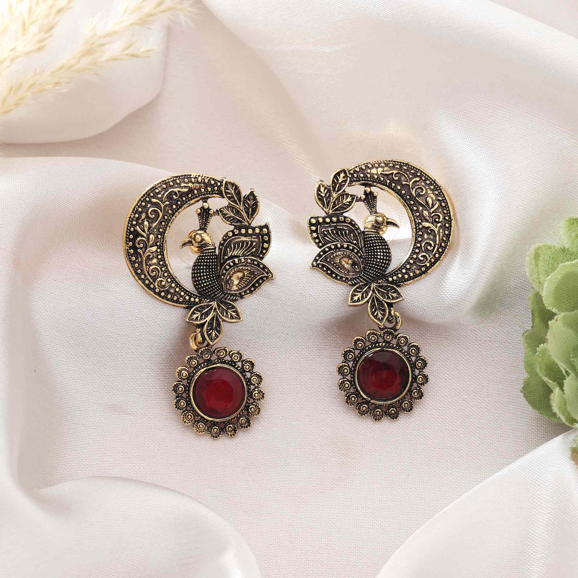 HOB Red Color Oxidised Earrings With Ethnic Bohemian Touch Red Color Oxidised Earrings With Ethnic Bohemian Touch And Handcrafted Style - Red - Image 1