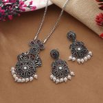 Traditional Rani Color Oxidised Necklace Set With Antique Silver Finish - Image 3