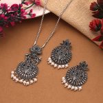 Stunning Turquoise Blue Color Oxidised Necklace Set With Ethnic Detailing - Image 3