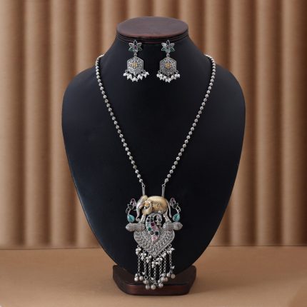 Multi Color Dual Tone Oxidised Necklace Set Featuring Vibrant Designs For Festive Traditional Styling