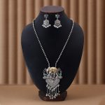 Stylish Black Color Oxidised Necklace Set With Mirror And Bead Work