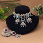Multi Color Choker Dual Tone Oxidised Necklace Set Delivering Vibrant Festive Elegance With Oxidised Finish
