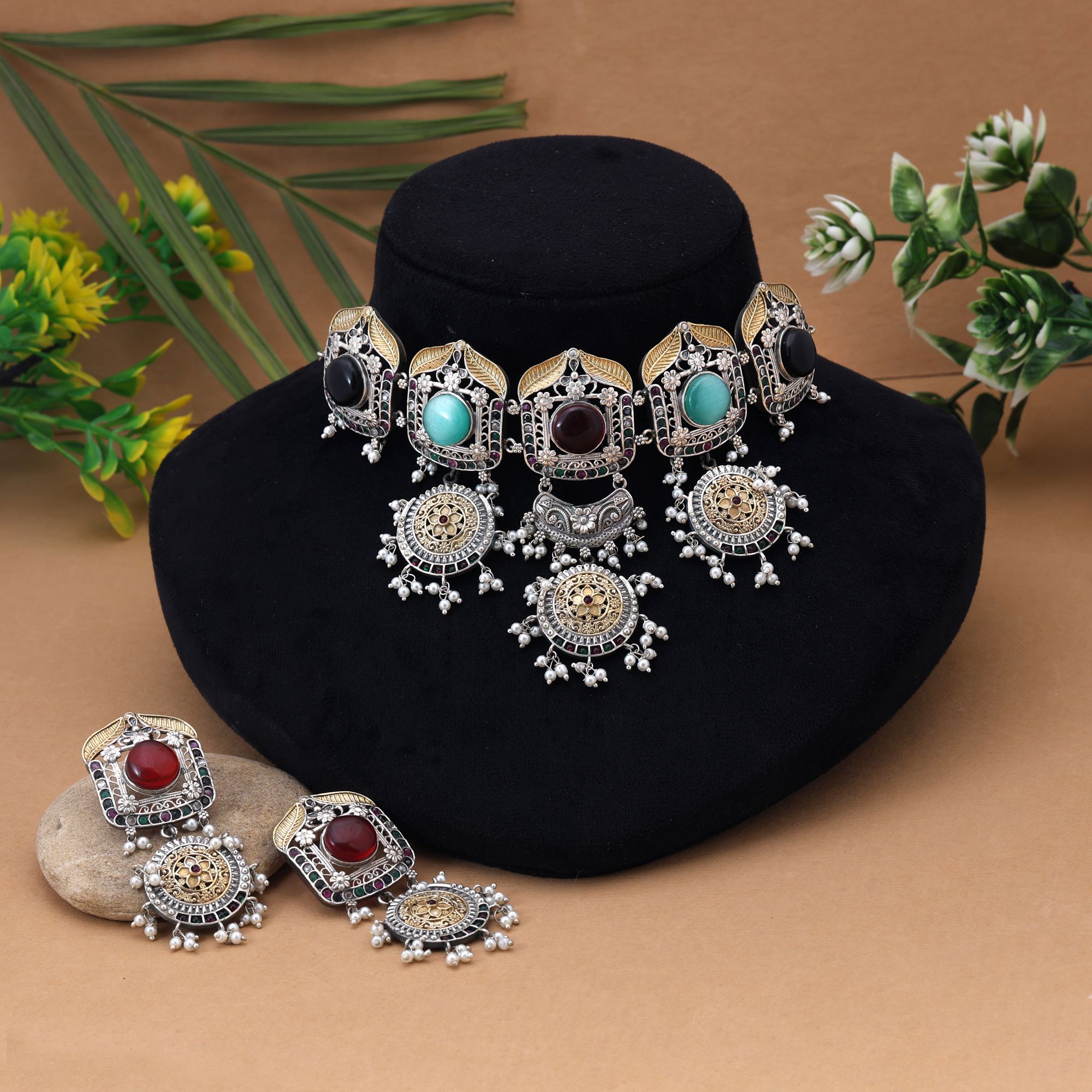 HOB Multi Color Choker Dual Tone Oxidised Necklace Set Delivering Vibrant Festive Elegance With Oxidised Finish Multi Color Choker Dual Tone Oxidised Necklace Set Delivering Vibrant Festive Elegance With Oxidised Finish - Image 1