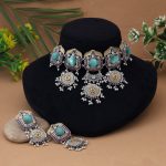 Pista Green Color Choker Dual Tone Oxidised Necklace Set Crafted For A Graceful Classic Look