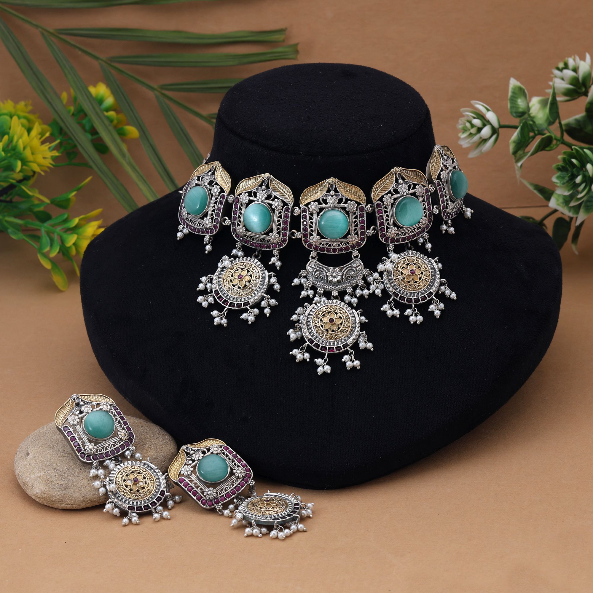 HOB Pista Green Color Choker Dual Tone Oxidised Necklace Set Crafted For A Graceful Classic Look Pista Green Color Choker Dual Tone Oxidised Necklace Set Crafted For A Graceful Classic Look - Image 1