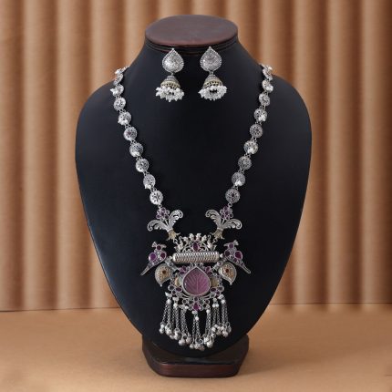Light Pink & Rani Color Dual Tone Oxidised Necklace Set Blending Soft Tones With Exquisite Oxidised Styling