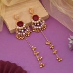 Maroon Color Antique Polish Long Kashmiri Earrings For Weddings And Celebrations - Image 2