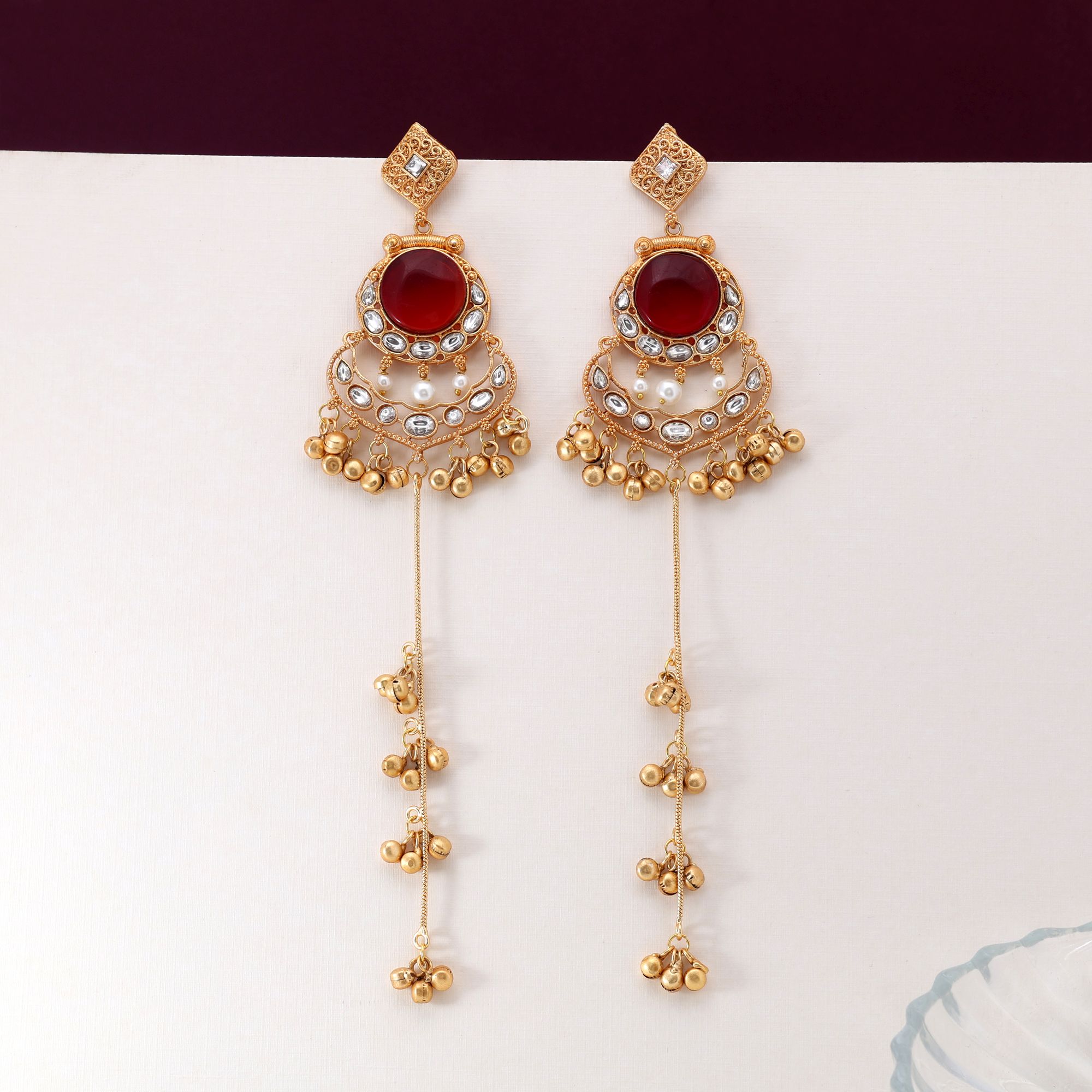 HOB Maroon Color Antique Polish Long Kashmiri Earrings Maroon Color Antique Polish Long Kashmiri Earrings For Weddings And Celebrations - Image 1