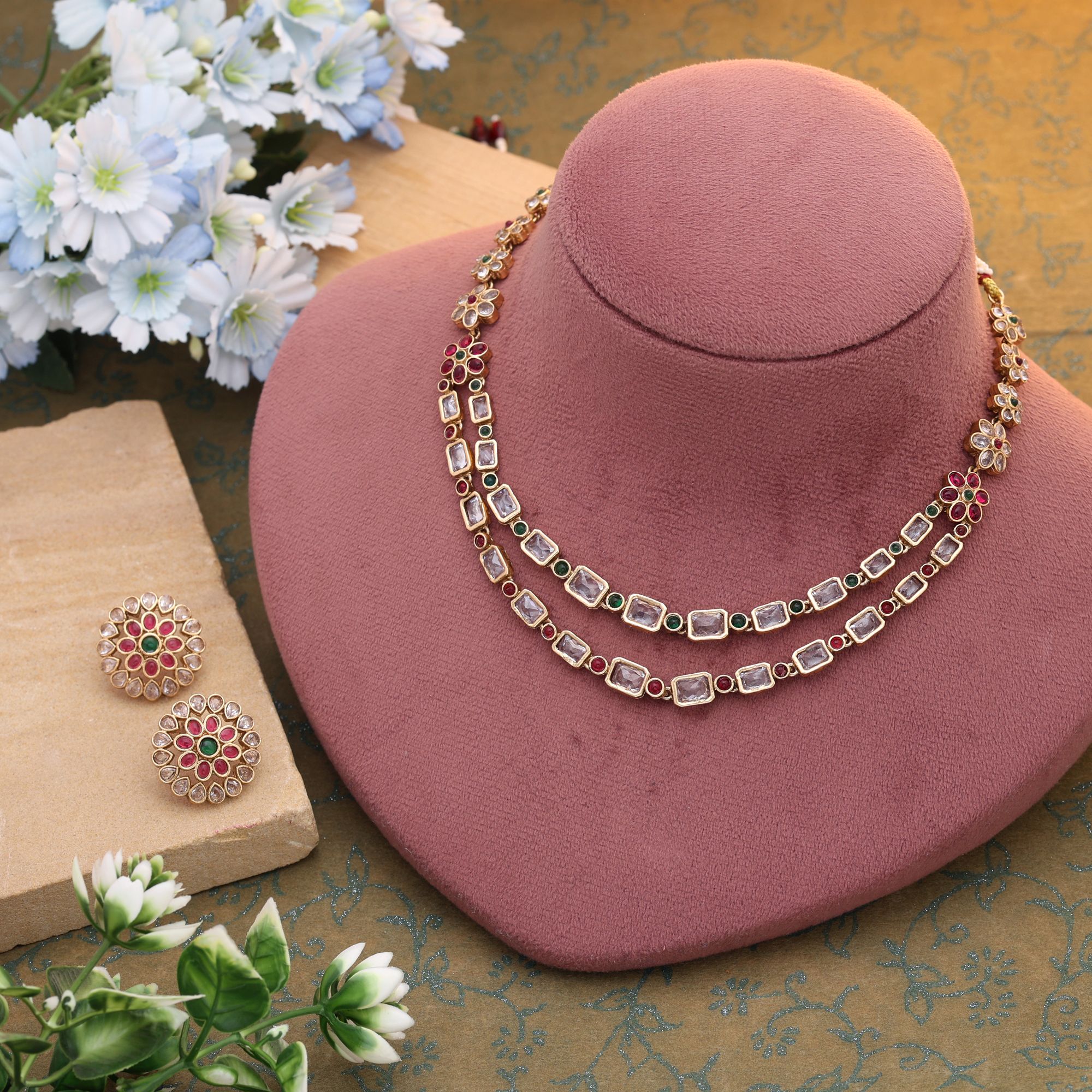 HOB Rani & Green Color Matte Gold Necklace Set Designed For Wedding And Festive Wear Rani & Green Color Matte Gold Necklace Set Designed For Wedding And Festive Wear - Image 1