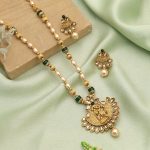 Green Color Lord Radha Krishna Matte Gold Necklace Set Inspired By Temple Jewelry - Image 3
