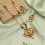 Maroon & Green Color Lord Radha Krishna Matte Gold Necklace Set For Devotional Elegance - Image 3