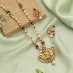 Maroon Color Lord Radha Krishna Matte Gold Necklace Set With Antique Spiritual Design - Image 3