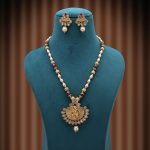 Maroon Color Lord Radha Krishna Matte Gold Necklace Set With Antique Spiritual Design