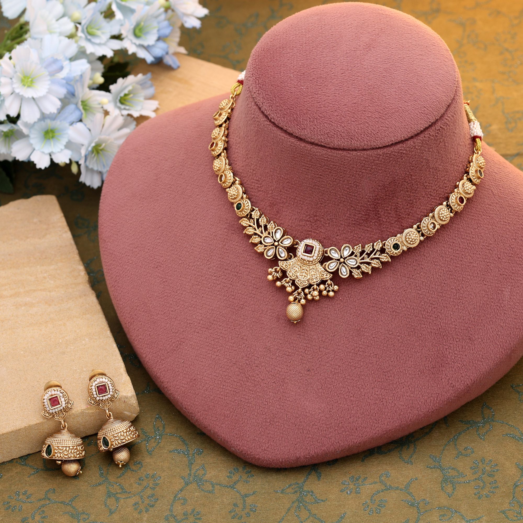 HOB Rani & Green Color Matte Gold Necklace Set Featuring Bold Ethnic Statement Design Rani & Green Color Matte Gold Necklace Set Featuring Bold Ethnic Statement Design - Image 1