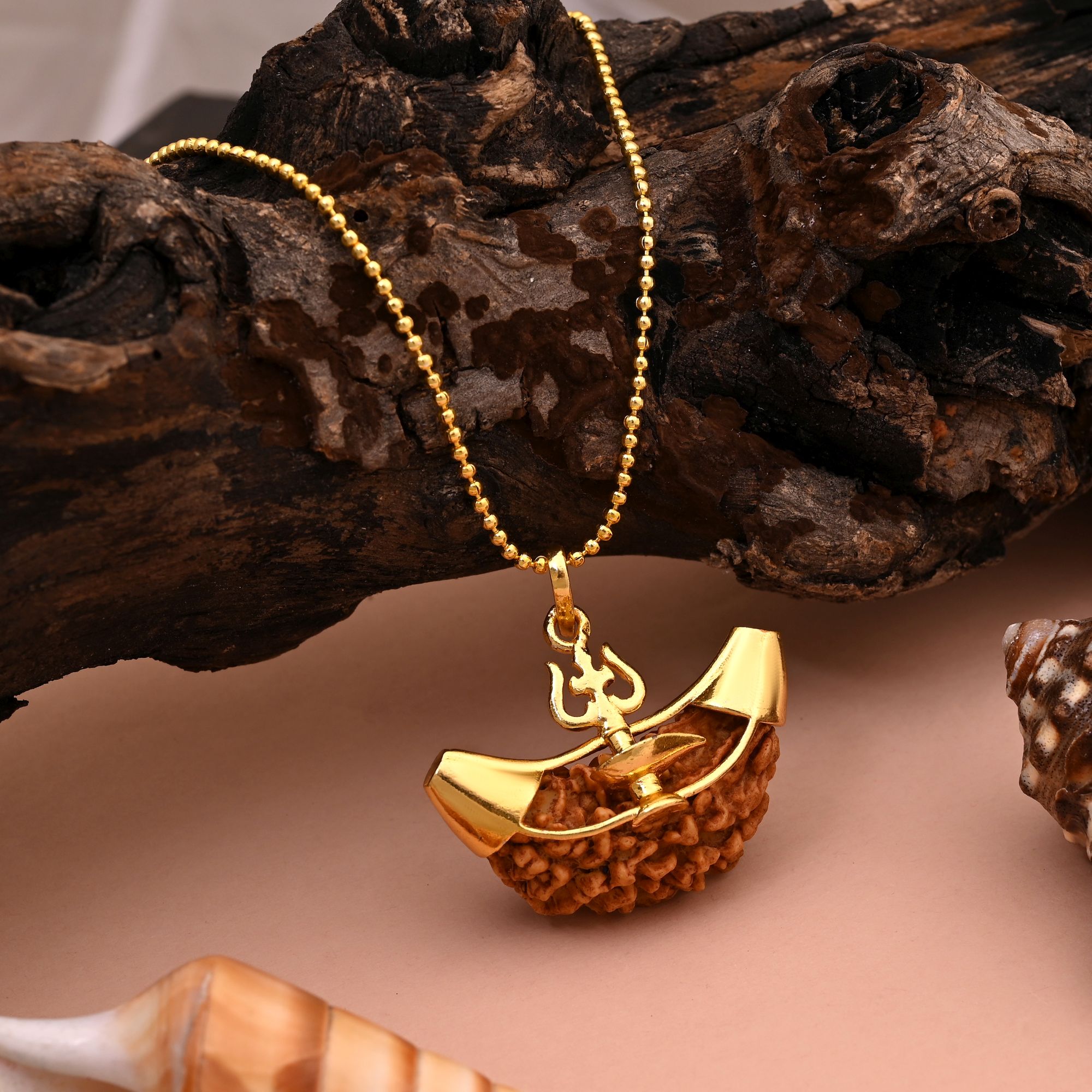 HOB Gold Color Rudraksha Mala Chain Necklace Featuring Lord Shiva’S Trishul Charm Gold Color Rudraksha Mala Chain Necklace Featuring Lord Shiva’S Trishul Charm - Image 1