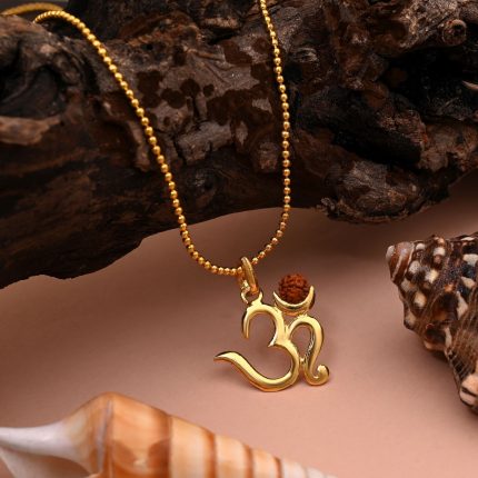Pure Gold Color Om Emblem Rudraksha Mala Chain Necklace For Meditation