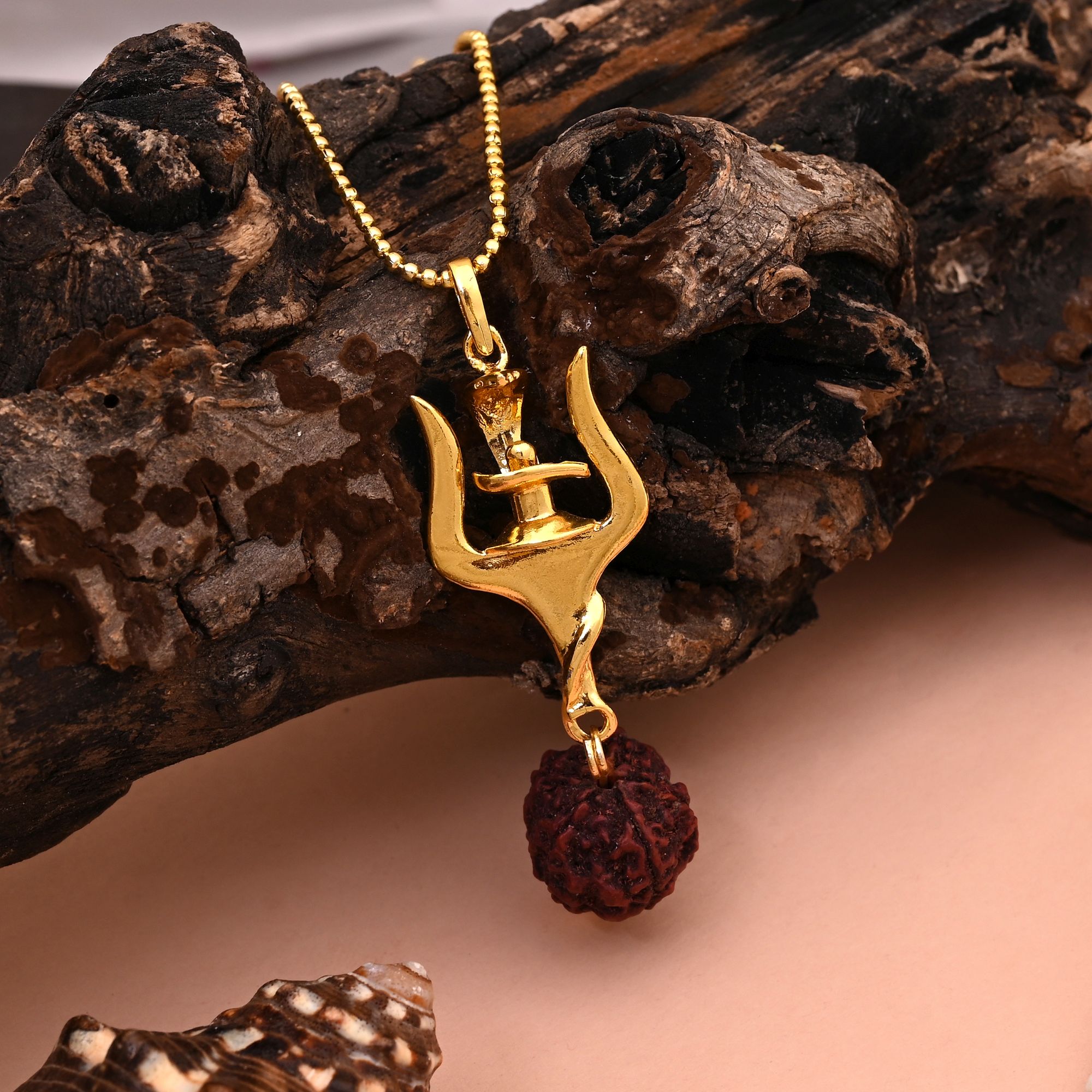 HOB Gold Color Sacred Trishul Shiva Rudraksha Mala Chain Necklace For Men Gold Color Sacred Trishul Shiva Rudraksha Mala Chain Necklace For Men - Image 1