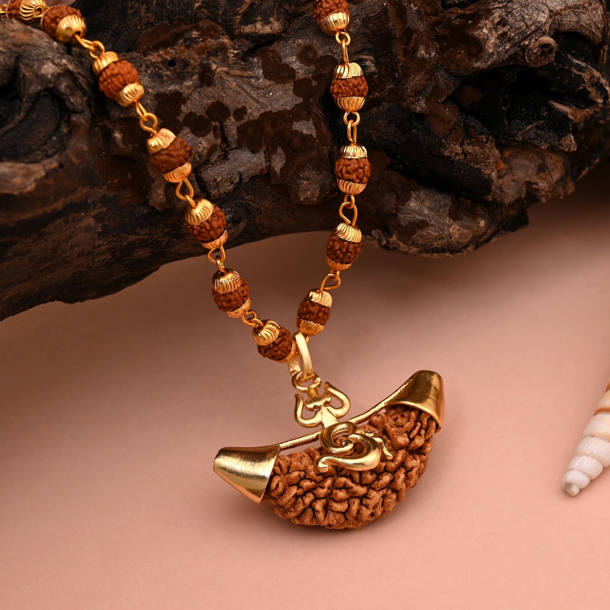 HOB Gold Color Shiva Trishul Pendant Rudraksha Mala Chain Necklace For Blessings Gold Color Shiva Trishul Pendant Rudraksha Mala Chain Necklace For Blessings - Image 1